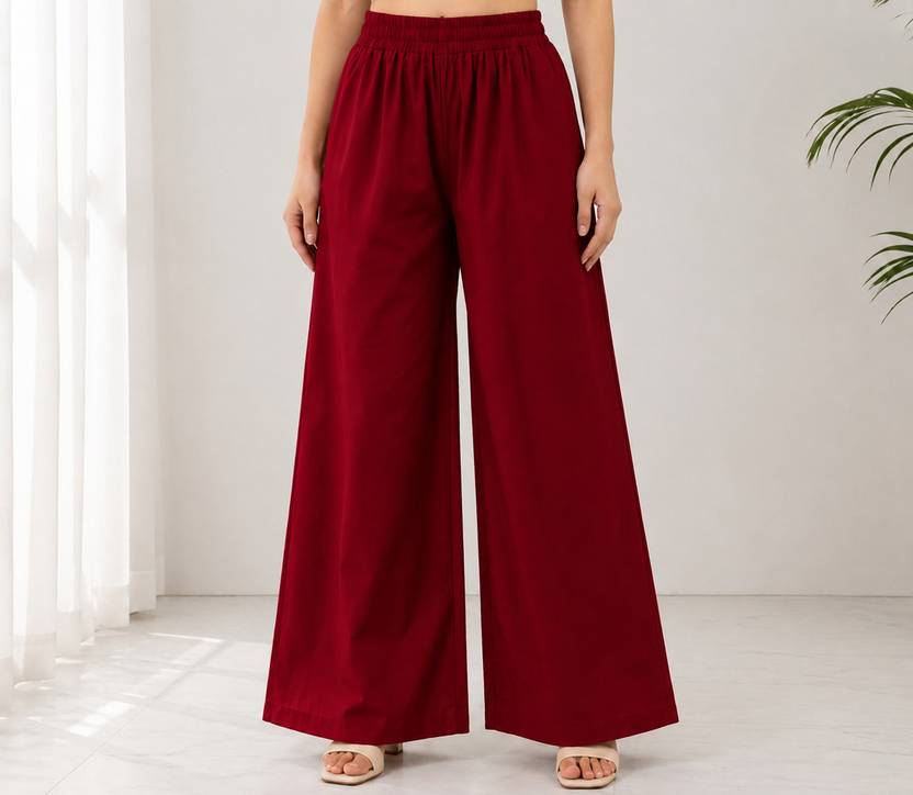 GINNI Women Comfort Fit, Regular Fit Red Viscose Rayon Trousers