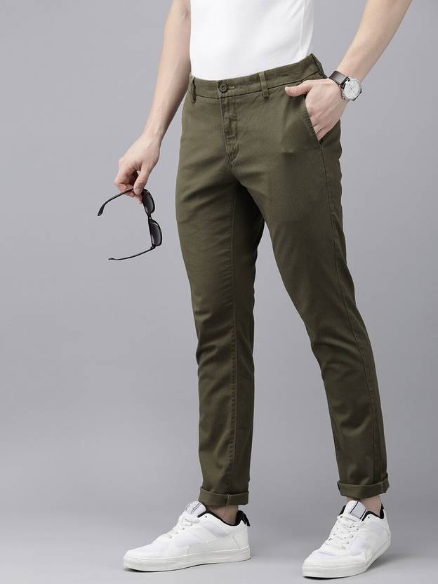 Men Slim Fit Green Pure Cotton Trousers
