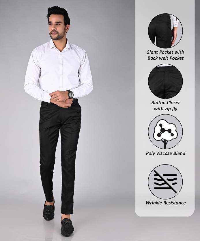 Men Regular Fit Black Cotton Blend Trousers