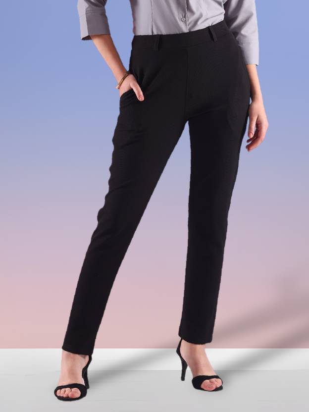 fithub Women Slim Fit Black Cotton Blend Trousers
