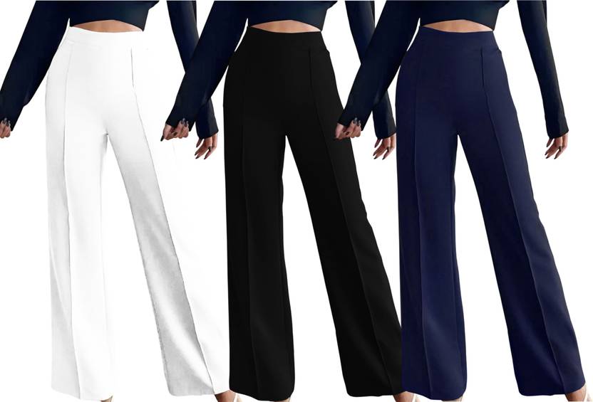 Kintu Parantu Women Regular Fit White, Black, Blue Polyester Trousers