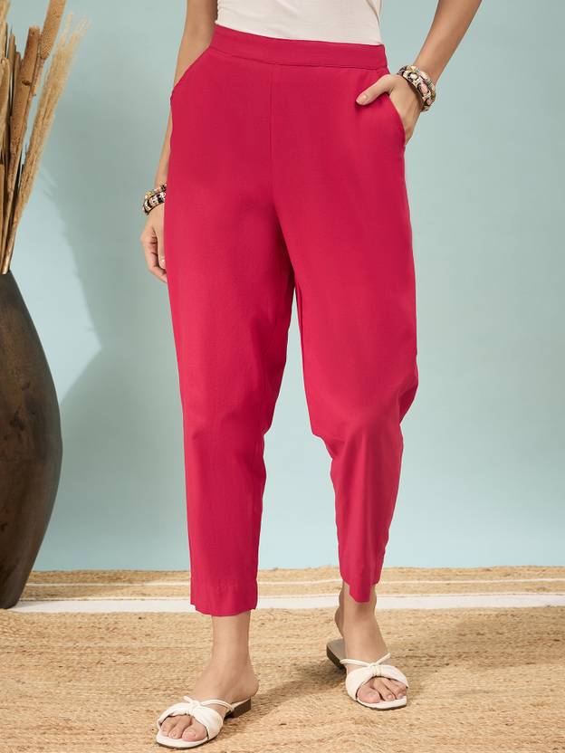 BIDAAS Women Regular Fit Red Pure Cotton Trousers