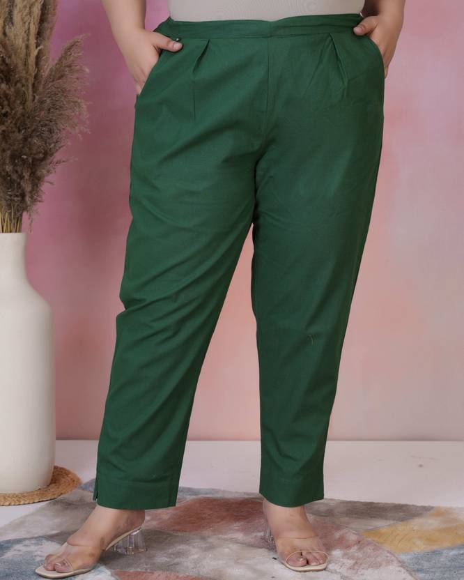 BIDAAS Women Regular Fit Dark Green Pure Cotton Trousers