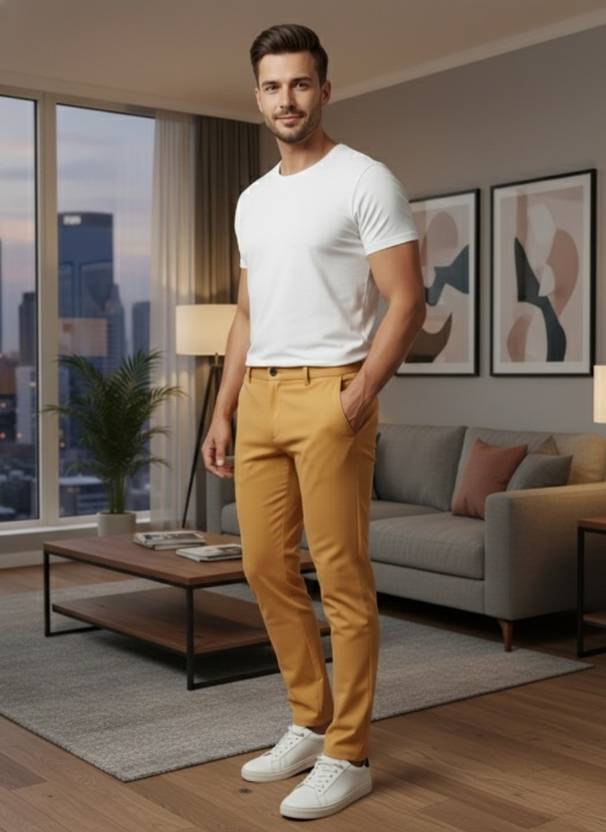 Aroziya Slim Fit Men Yellow Trousers