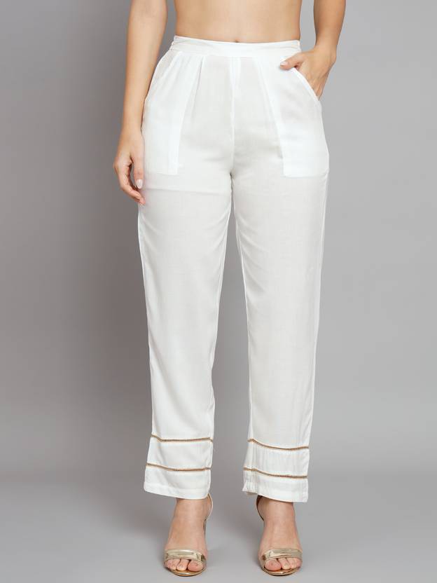 Nehamta Women Regular Fit White Viscose Rayon Trousers