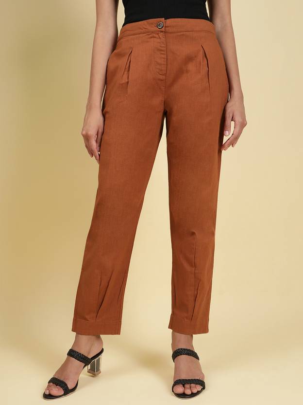 Freehand By The Indian Garage Co. Women Tapered Brown Pure Cotton Trousers