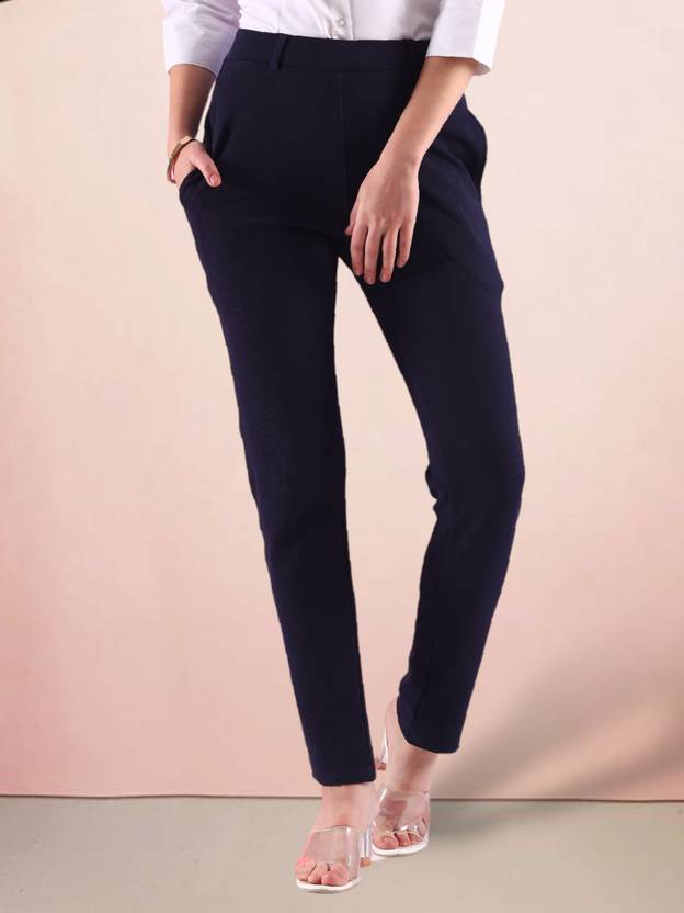 fithub Women Slim Fit Blue Cotton Blend Trousers