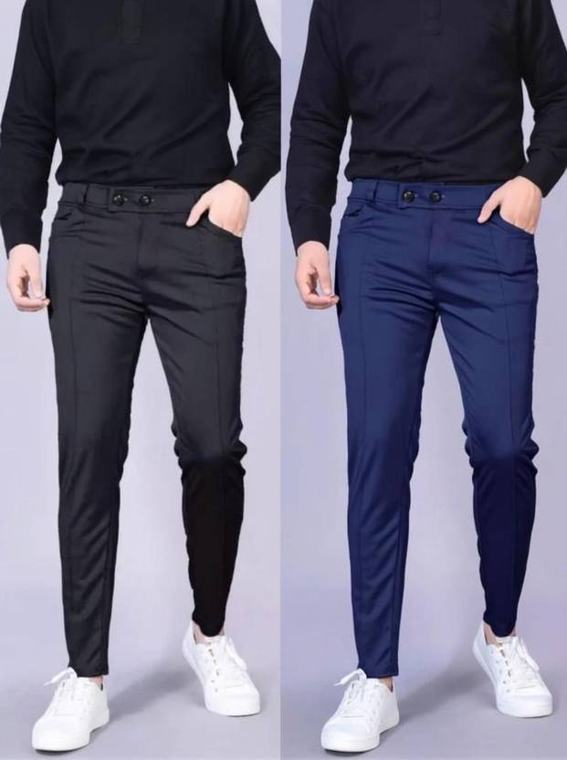 Anshulgarments Pack of 2 Men Regular Fit Black, Blue Lycra Blend Trousers