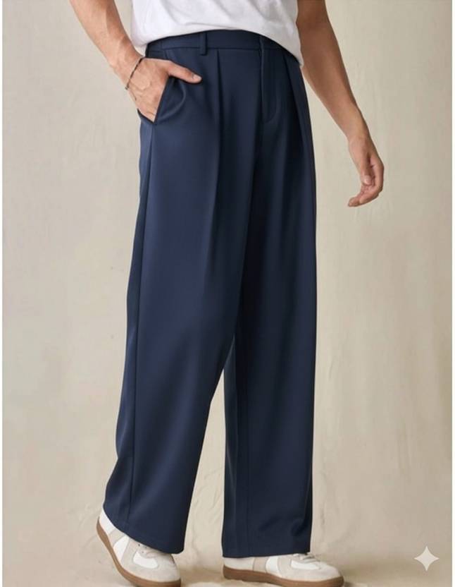 Broadstar Men Straight Fit Dark Blue Polyester Trousers