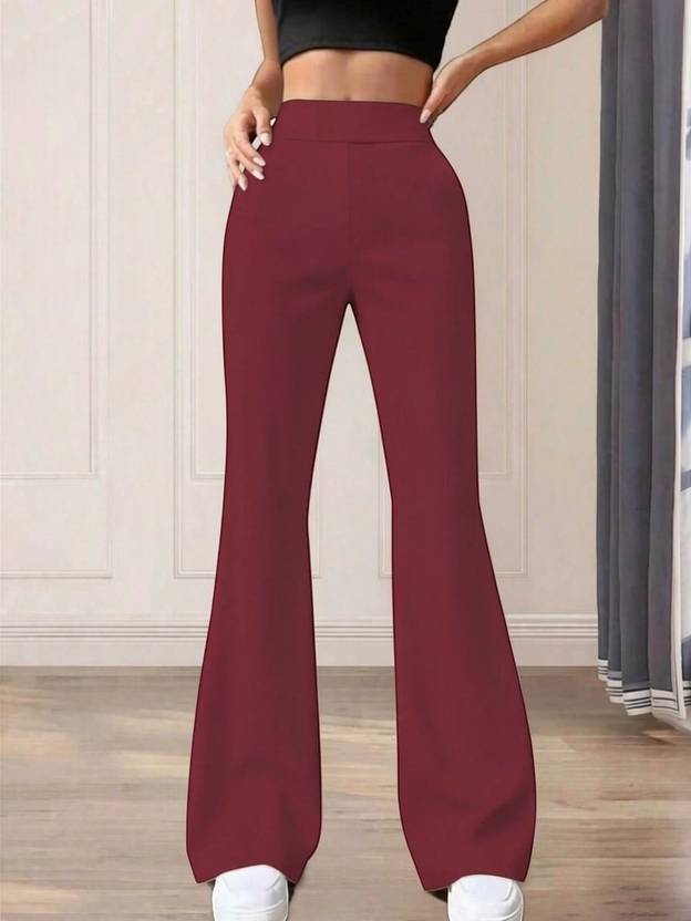 loomzy Women Flared Maroon Lycra Blend Trousers