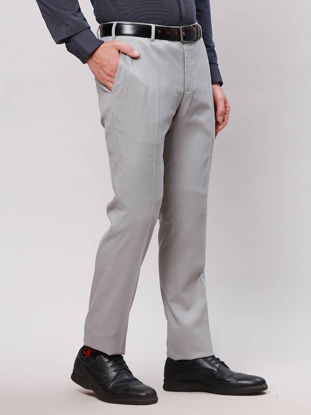 Men Slim Fit Grey Polyester Trousers