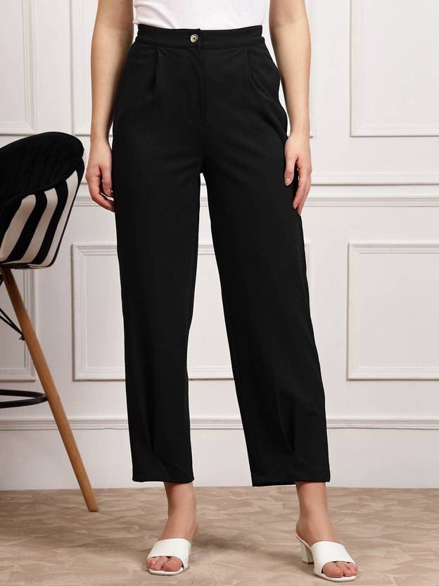 PLUSS Women Regular Fit Black Polyester Trousers