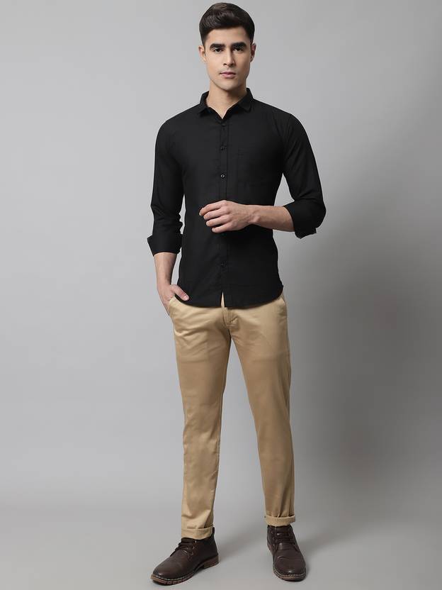 Men Slim Fit Beige Cotton Blend Trousers