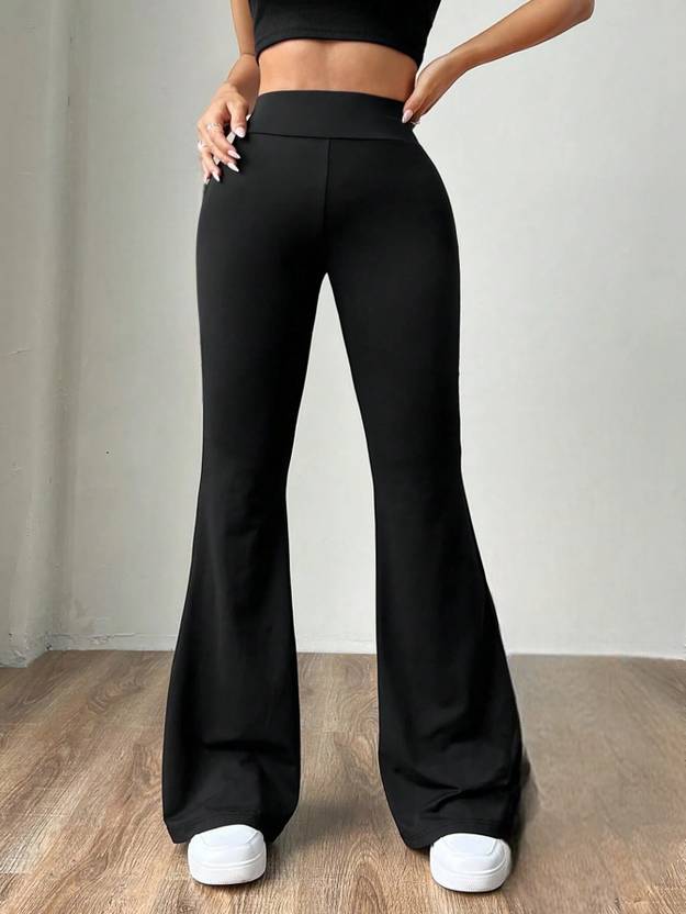 loomzy Women Flared Black Lycra Blend Trousers