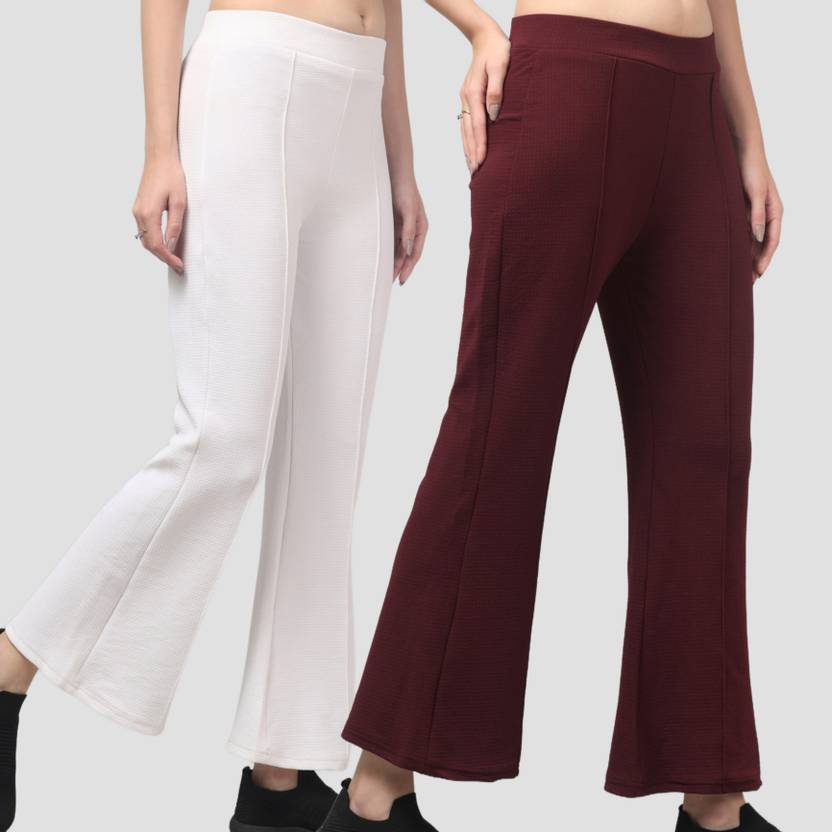 ApexDragon Pack of 2 Women Relaxed White, Maroon Polycotton Trousers