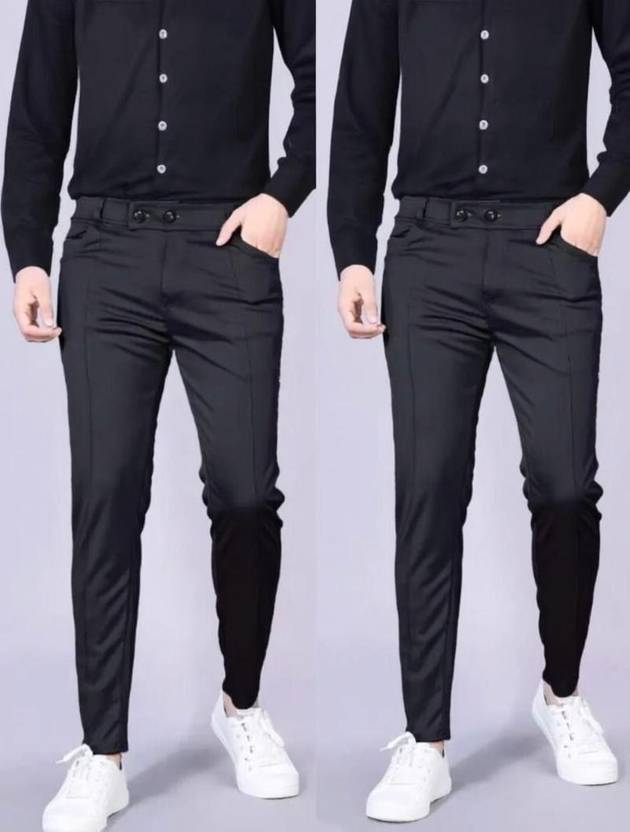 Anshulgarments Pack of 2 Men Regular Fit Black Lycra Blend Trousers
