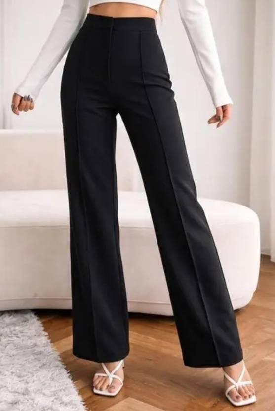 Ajhu Women Regular Fit Black Lycra Blend Trousers