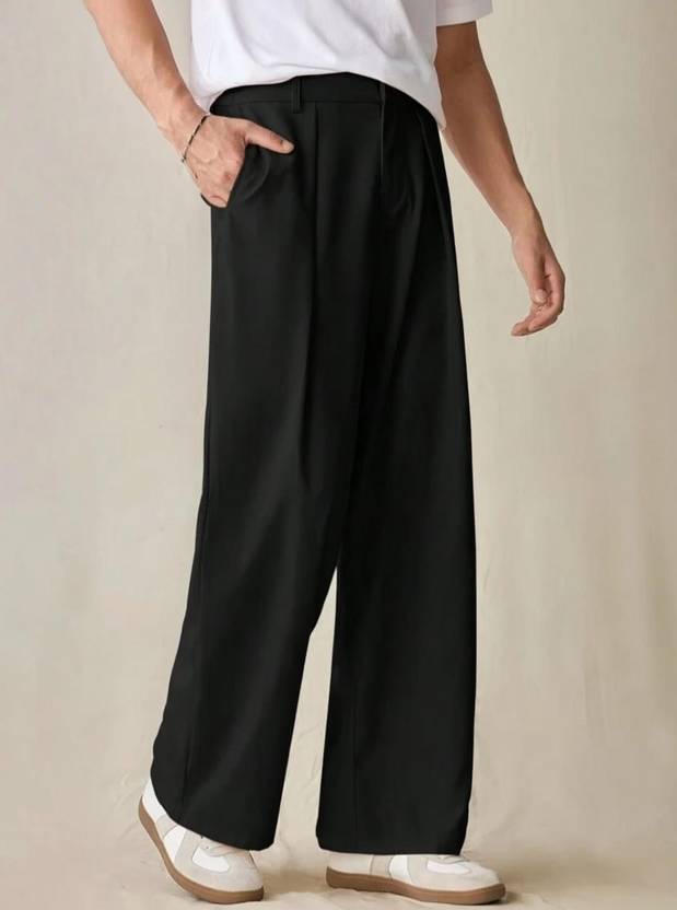 Broadstar Men Straight Fit Black Polyester Trousers