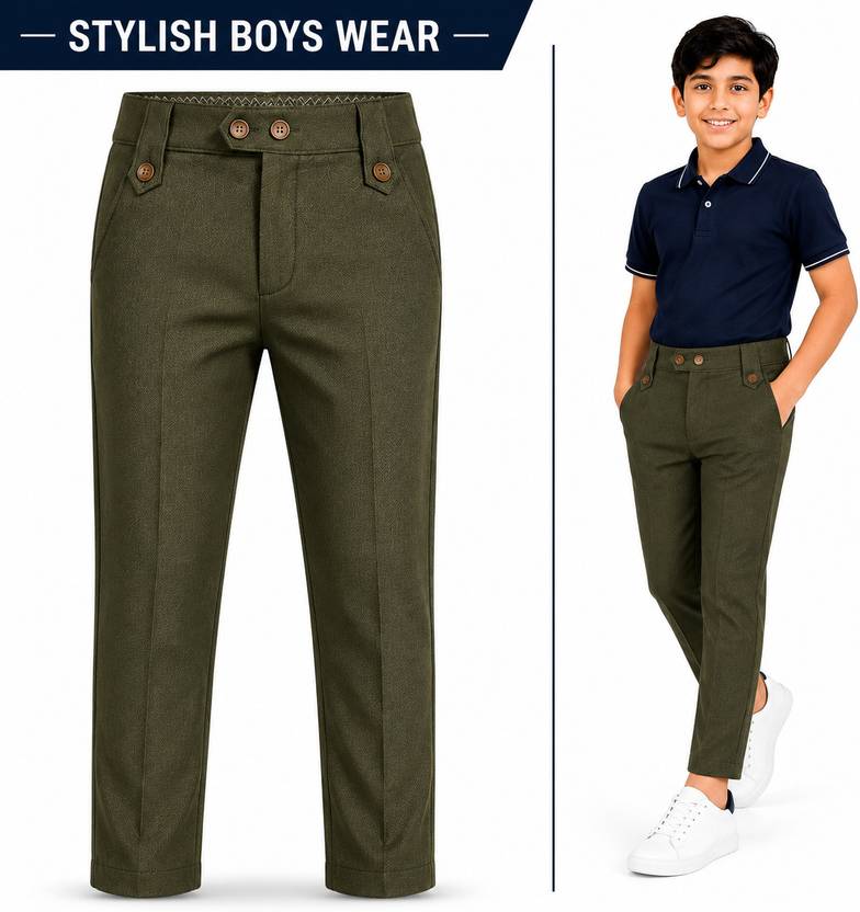 boldcloth Boys Slim Fit Dark Green Cotton Blend Trousers