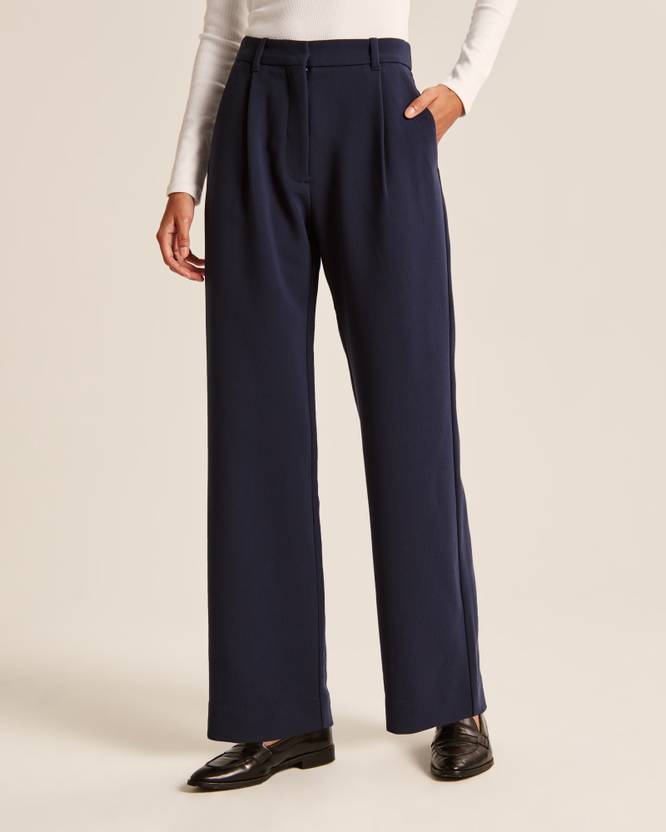 FNOCKS Women Comfort Fit Dark Blue Cotton Blend Trousers