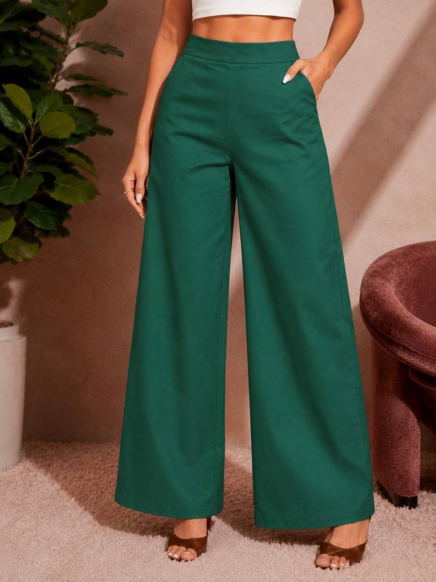 BIDAAS Women Regular Fit Dark Green Pure Cotton Trousers