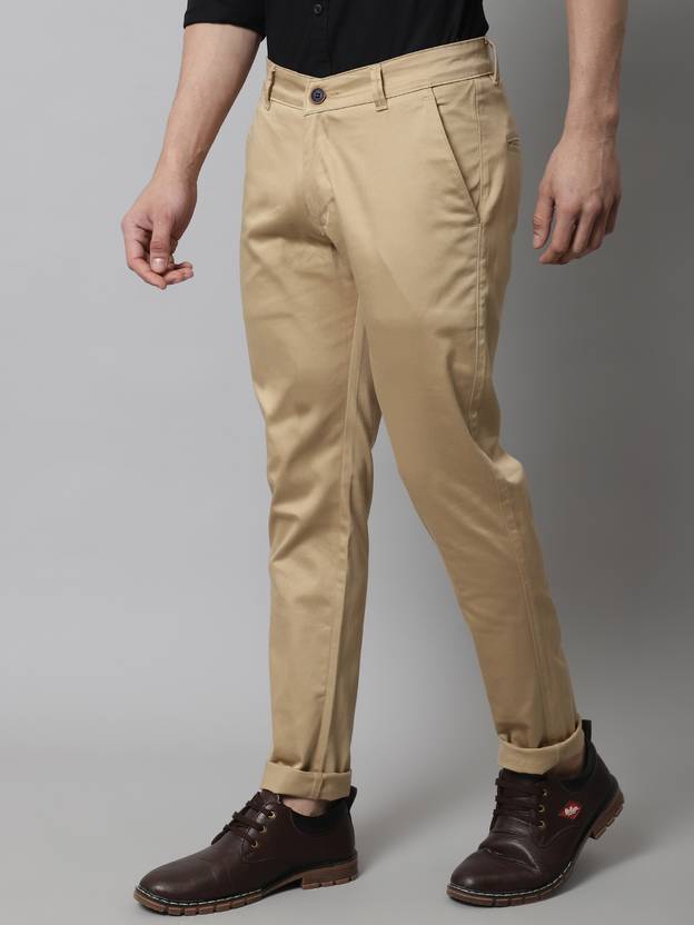 Men Slim Fit Beige Cotton Blend Trousers