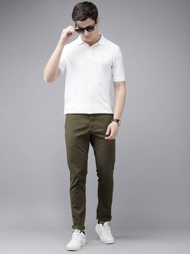Men Slim Fit Green Pure Cotton Trousers