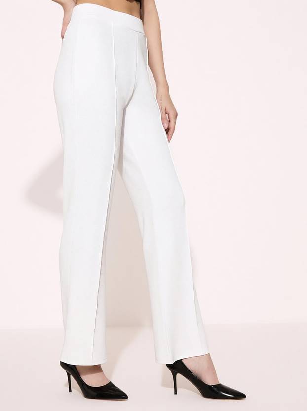 SriSaras Women Regular Fit White Cotton Blend Trousers