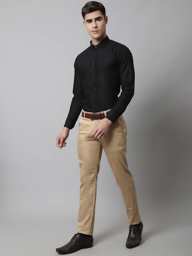 Men Slim Fit Beige Cotton Blend Trousers