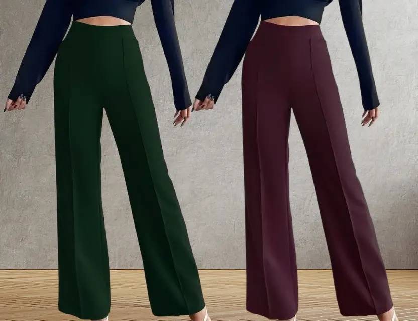 CORSICA Women Regular Fit Green, Maroon Polyester Trousers