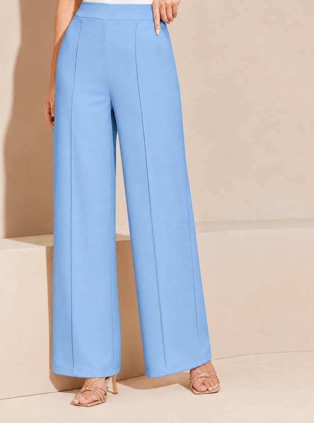 KASHIAN Women Straight Fit Blue Cotton Blend Trousers