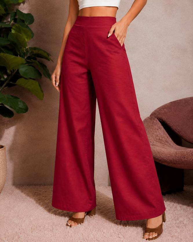 BIDAAS Women Regular Fit Maroon Pure Cotton Trousers