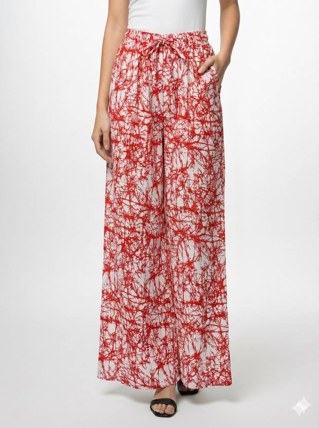 bongo nari boutique Loose Fit, Relaxed Women White, Red Trousers
