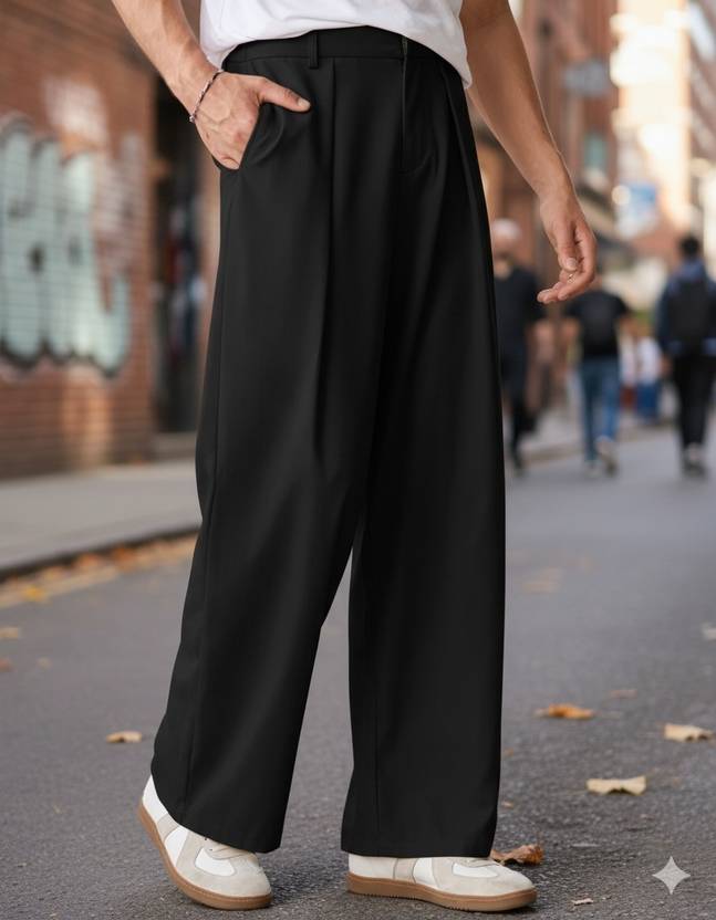 Broadstar Men Straight Fit Black Polyester Trousers