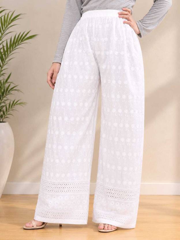CLASSIC CREATION Women Loose Fit White Cotton Blend Trousers