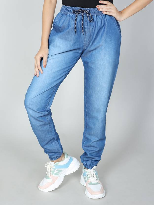 NOVIO Joggers Women Regular Fit Blue Cotton Blend Trousers