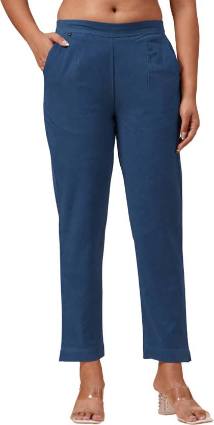 BIDAAS Women Regular Fit Blue Pure Cotton Trousers