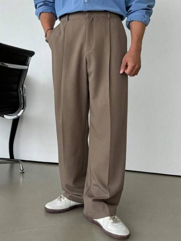 Broadstar Men Straight Fit Brown Polyester Trousers