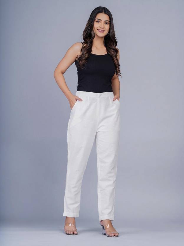 AlkaCreation Women Regular Fit White Cotton Blend Trousers