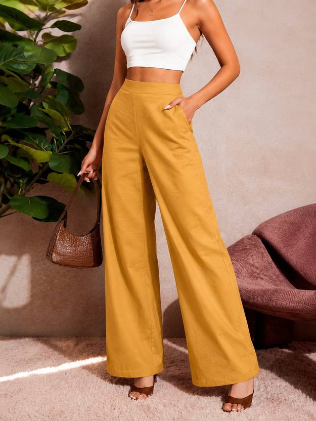 BIDAAS Women Regular Fit Yellow Pure Cotton Trousers