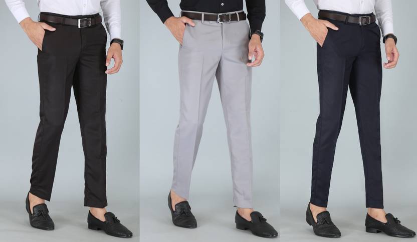 Klubstyle Pack of 3 Men Slim Fit Dark Blue, Grey, Black Cotton Blend Trousers