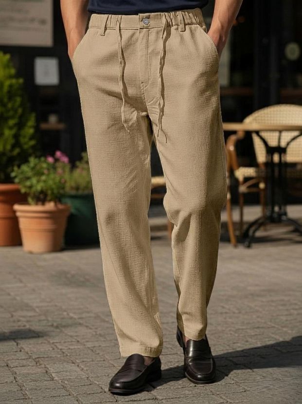 INDICLUB Men Relaxed Cream Linen Trousers - Image 7