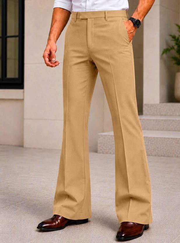 Lunora Men Beige Flared Lycra Trousers - Image 5