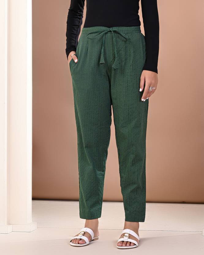Kriftee Women Regular Fit Dark Green Pure Cotton Trousers