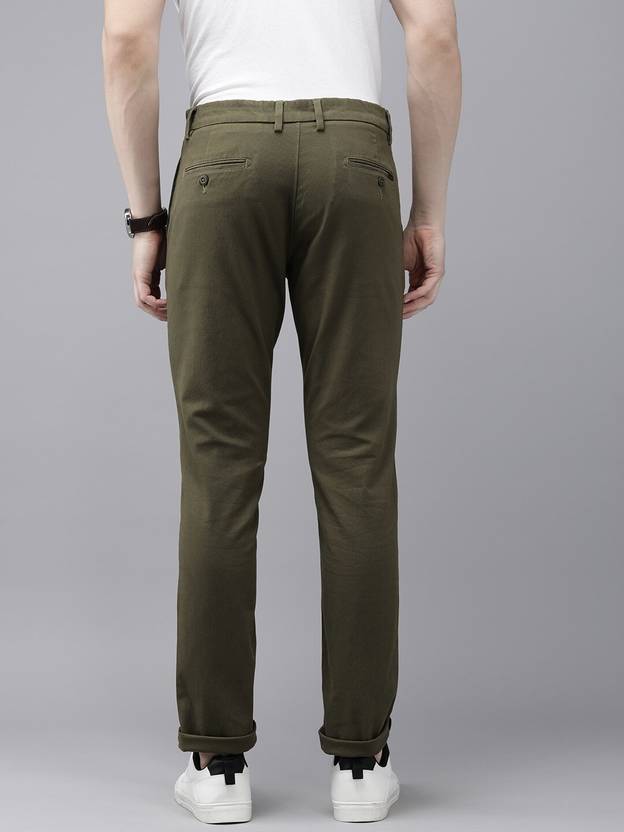 Men Slim Fit Green Pure Cotton Trousers