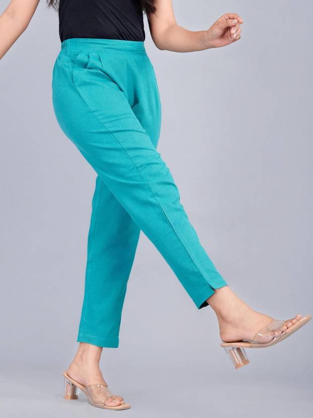 Mirayya Women Loose Fit Light Green Cotton Blend Trousers