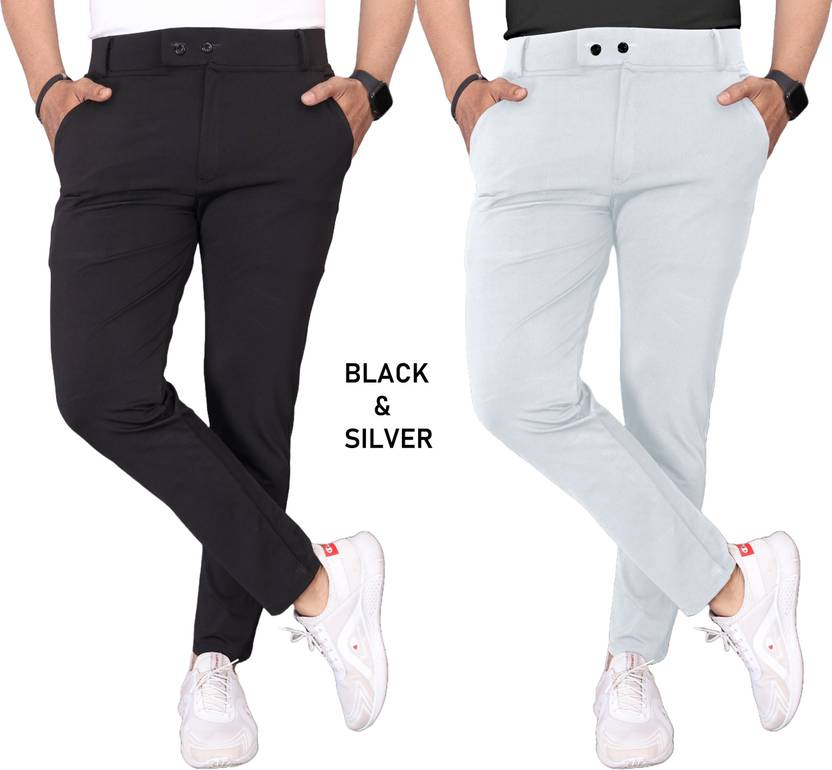 Anshulgarments Pack of 2 Men Slim Fit Black, Silver Lycra Blend Trousers