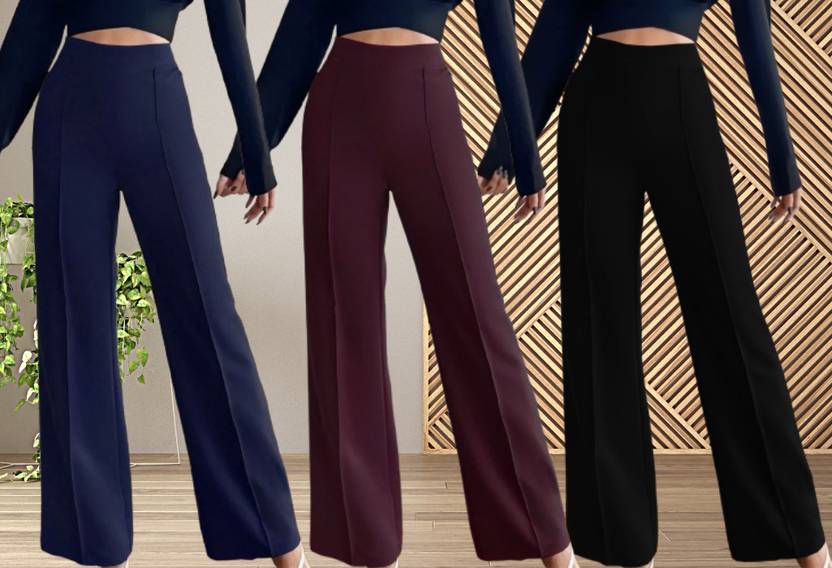 Parona Pack of 3 Women Regular Fit Dark Blue, Purple, Black Polyester Trousers
