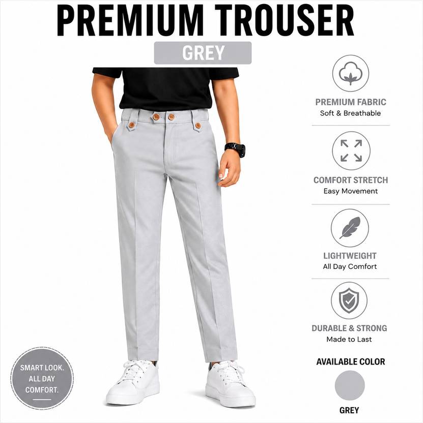 boldcloth Boys Regular Fit Grey Cotton Blend Trousers