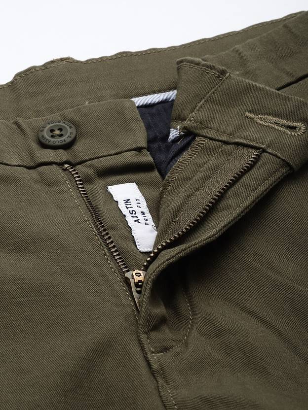 Men Slim Fit Green Pure Cotton Trousers